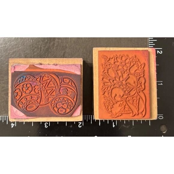 Easter-Themed Wooden Rubber Stamps Set Of 2 With Colorful Egg & Spring Basket - Picture 2 of 2